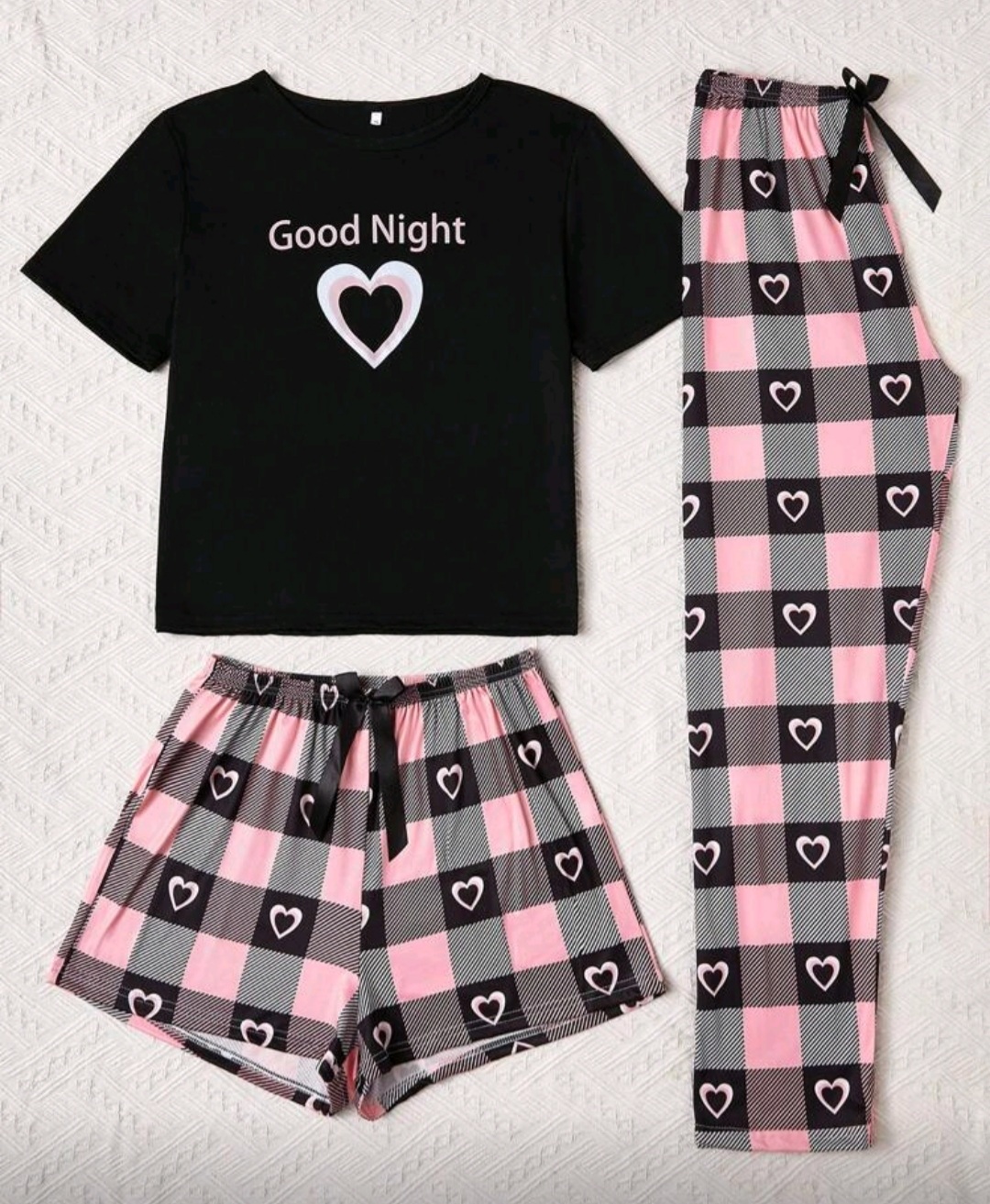 3pcs Letter, Heart & Plaid Print Pajama Se