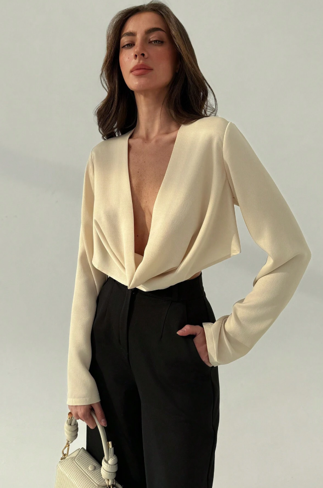 Draped Neck Long Sleeve Blouse