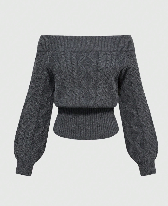 Thick Knit Z-Pattern Deep Floral Gray Off Shoulder Lantern Sleeve Pullover Sweater