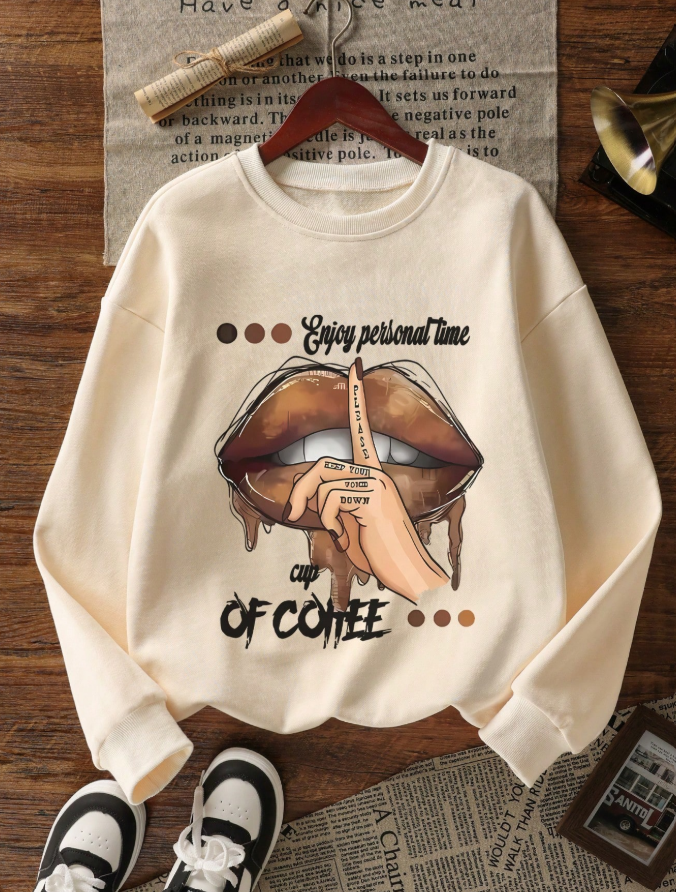 Women's Casual Crew Neck Coffee Hand Gesture Print Sweatshirt