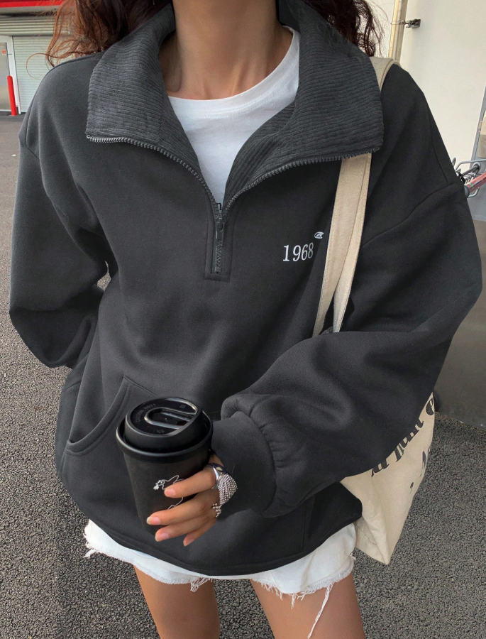 Thermal Lined Turndown Collar Zip Up Loose Casual Long Sleeve Hoodie For Women