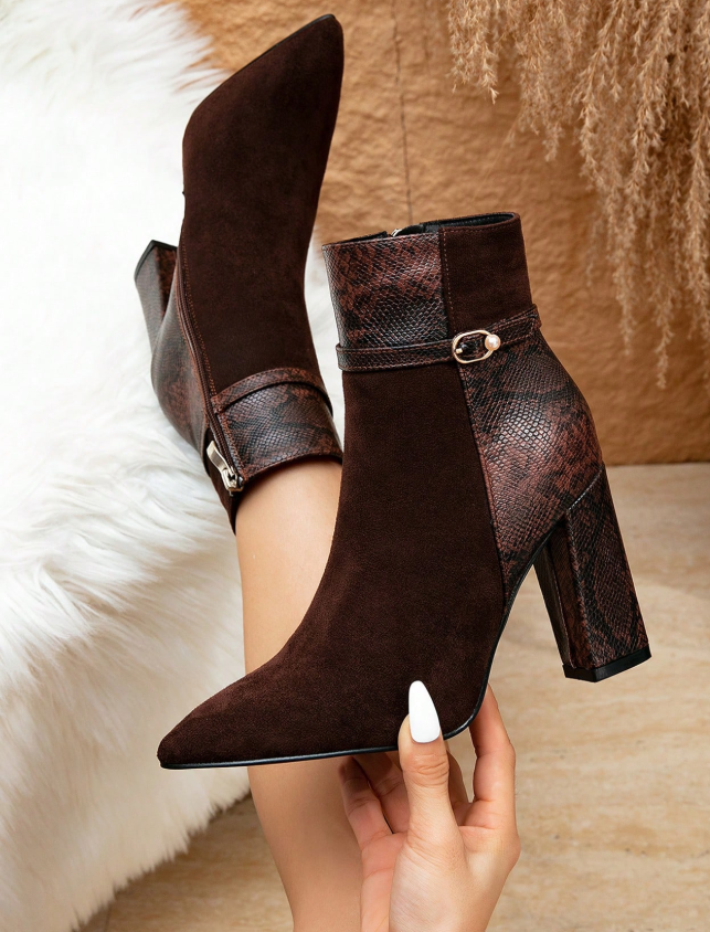 Women's High Heel Ankle Boots, Side Zipper Elegant Pointed Toe Chunky Heel