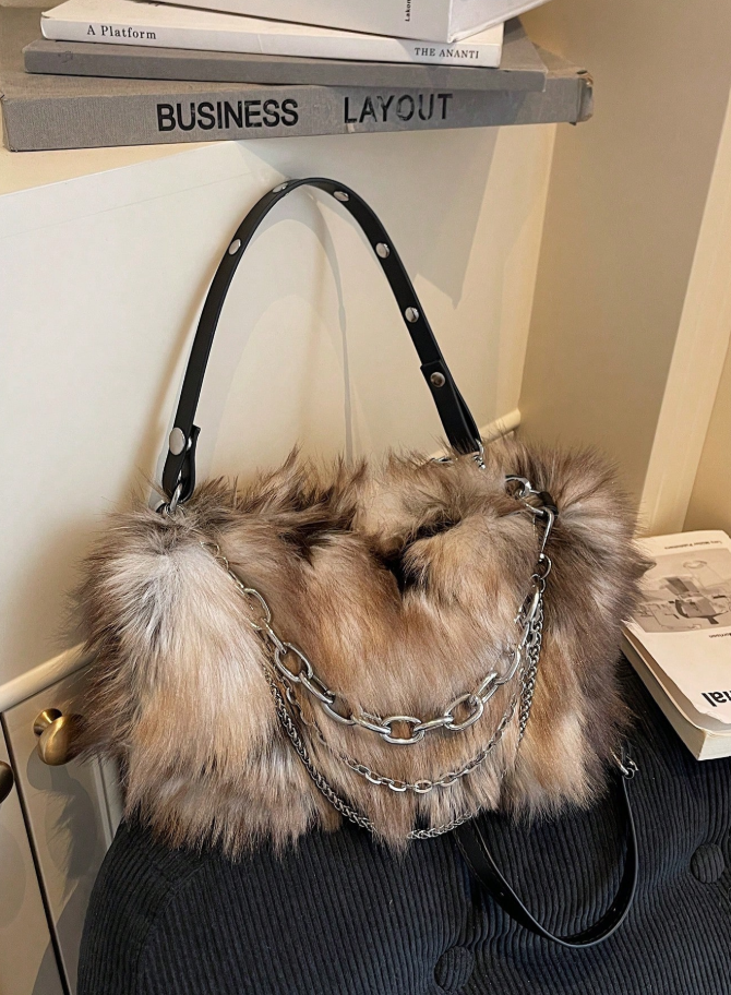 1pc Women's Coffee Ombre Dotted Faux Fur Shoulder Bag With Chain