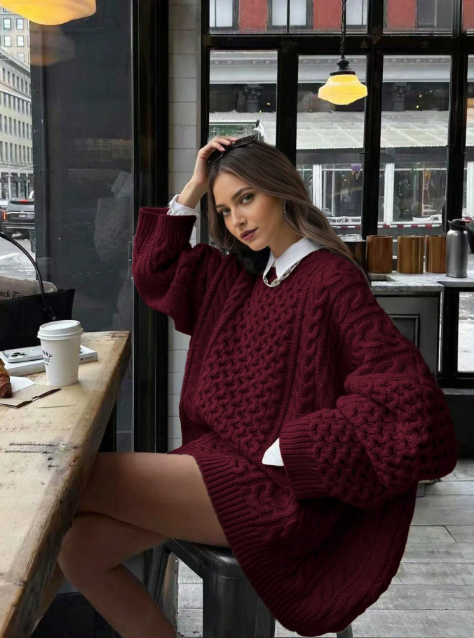 Loose Street Casual Elegant Cable Knit Long Sleeve Round Neck Sweater