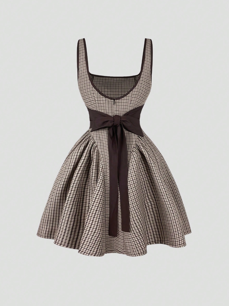 Retro French Plaid Bow Contrast Strap Dress