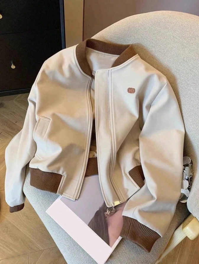 Women's Casual Daily Patchwork Contrast Color Ribbed Baseball Jacket