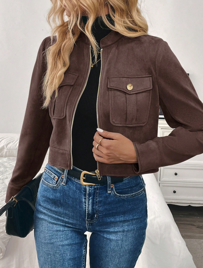 Women's Warm Thick Metal Button Decorated Cargo Short Jacket