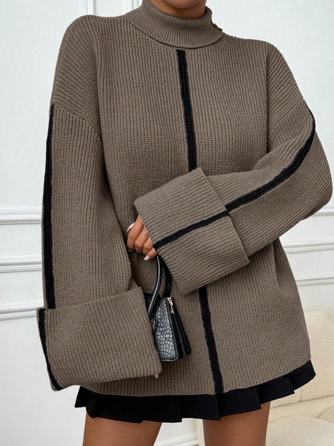 Women Drop Shoulder Contrast Color Folded Cuff High Neck Pullover Sweater