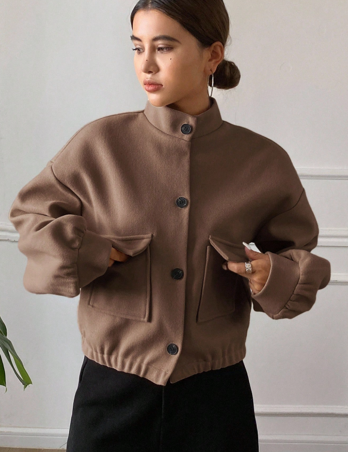 Solid Coloured Stand Collar Pocket Short Jacket For Women