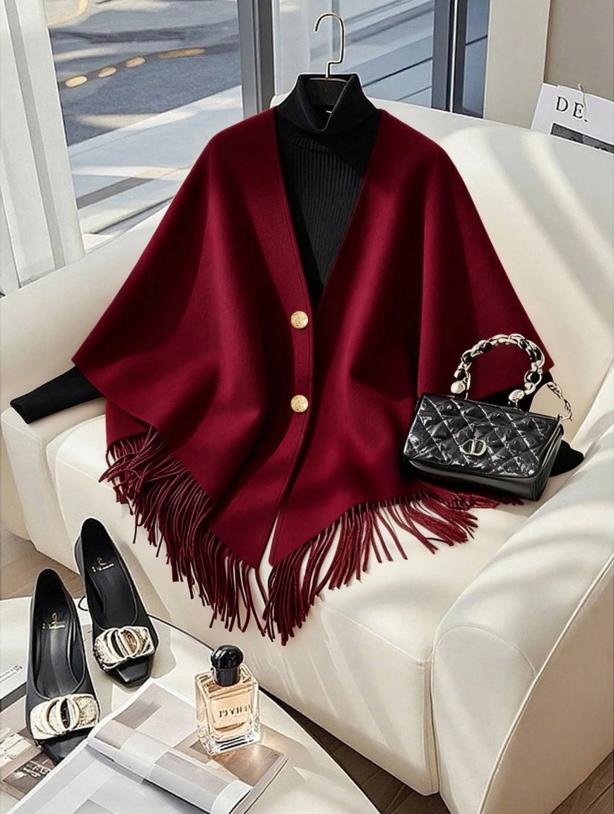 Woolen Cloak With Fringe Hem