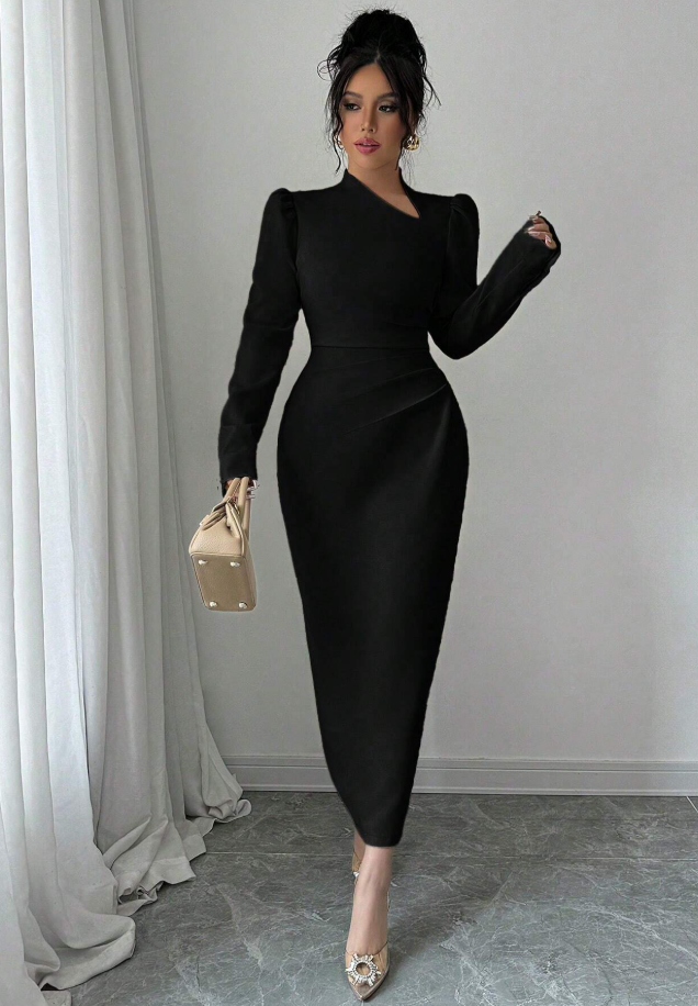 Pleated Fitted Slit Hem Dress 