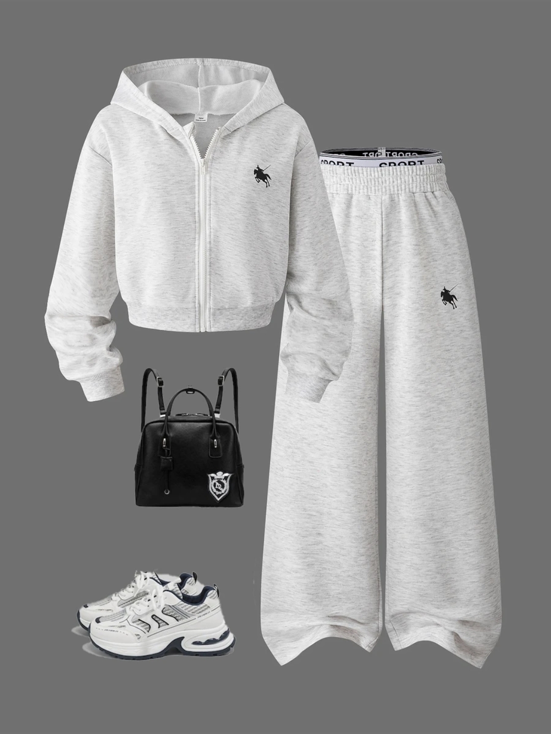 2Pcs Tween Girls Casual Hooded Zip-Up Crop Jacket And Elastic Waist Wide Leg Pants Set