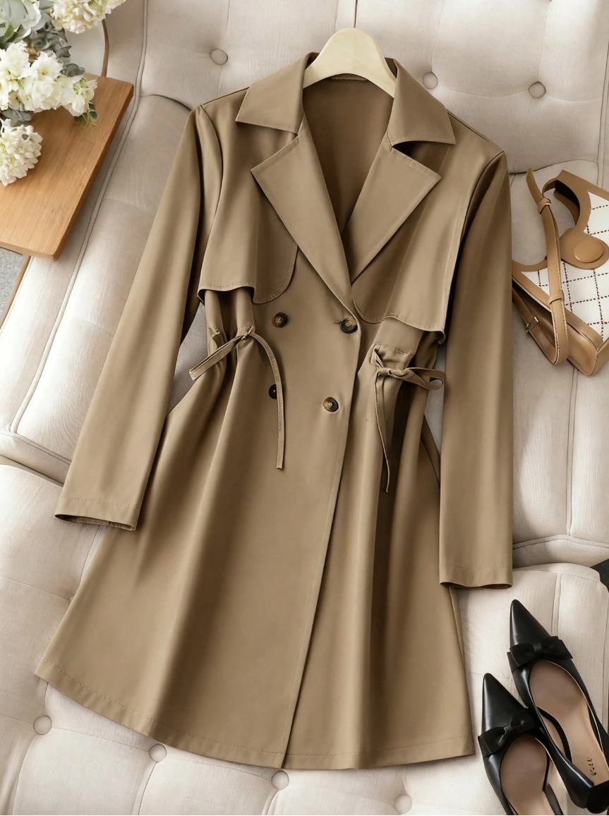Elegant Casual Office Trench Coat With Drawstring Waist