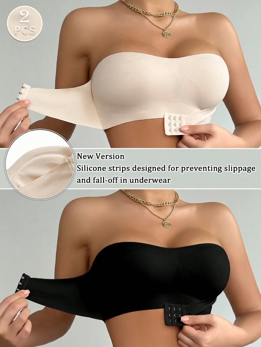 2 Pieces Front Closure Solid Color Strapless Comfort Padded Lace Bralette