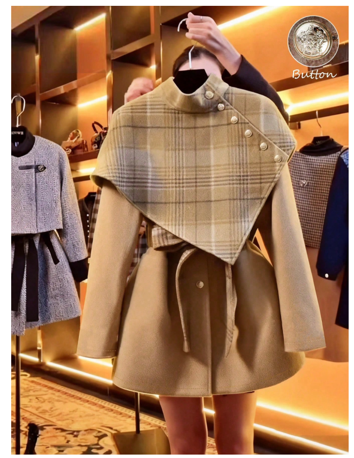 Women's Single-Breasted Plaid Woolen Cloak