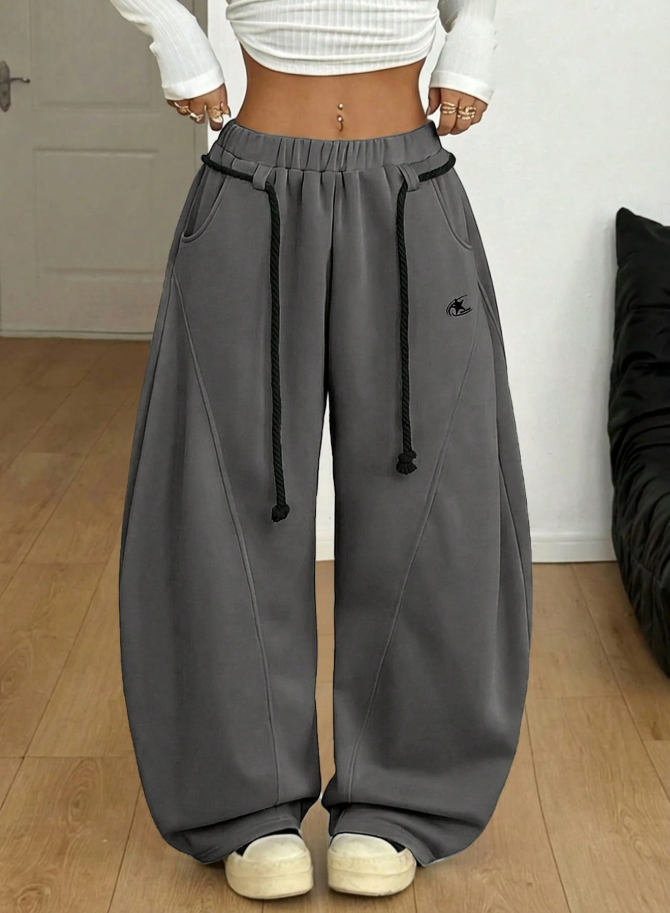 Women's Fall/Winter Streetwear Back To School Preppy Casual Warm Comfortable French Grey Elastic Waistband Curved Hem Pants