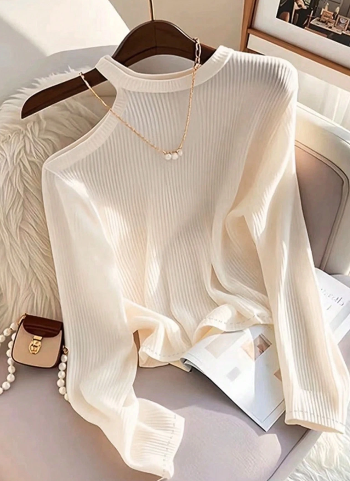 Asymmetric Shoulder Ribbed Top