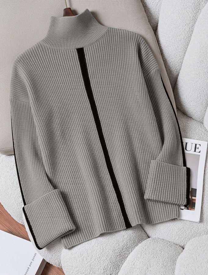 Women's Casual Contrast Color Fold Cuff Turtleneck Sweater