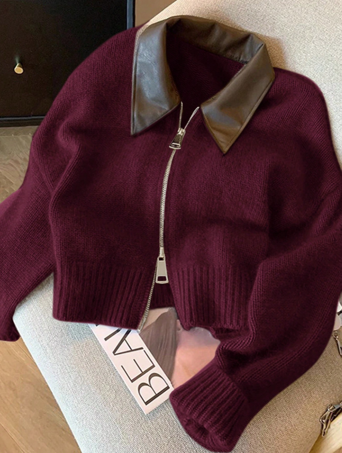Patchwork Collar Short Cardigan Sweater