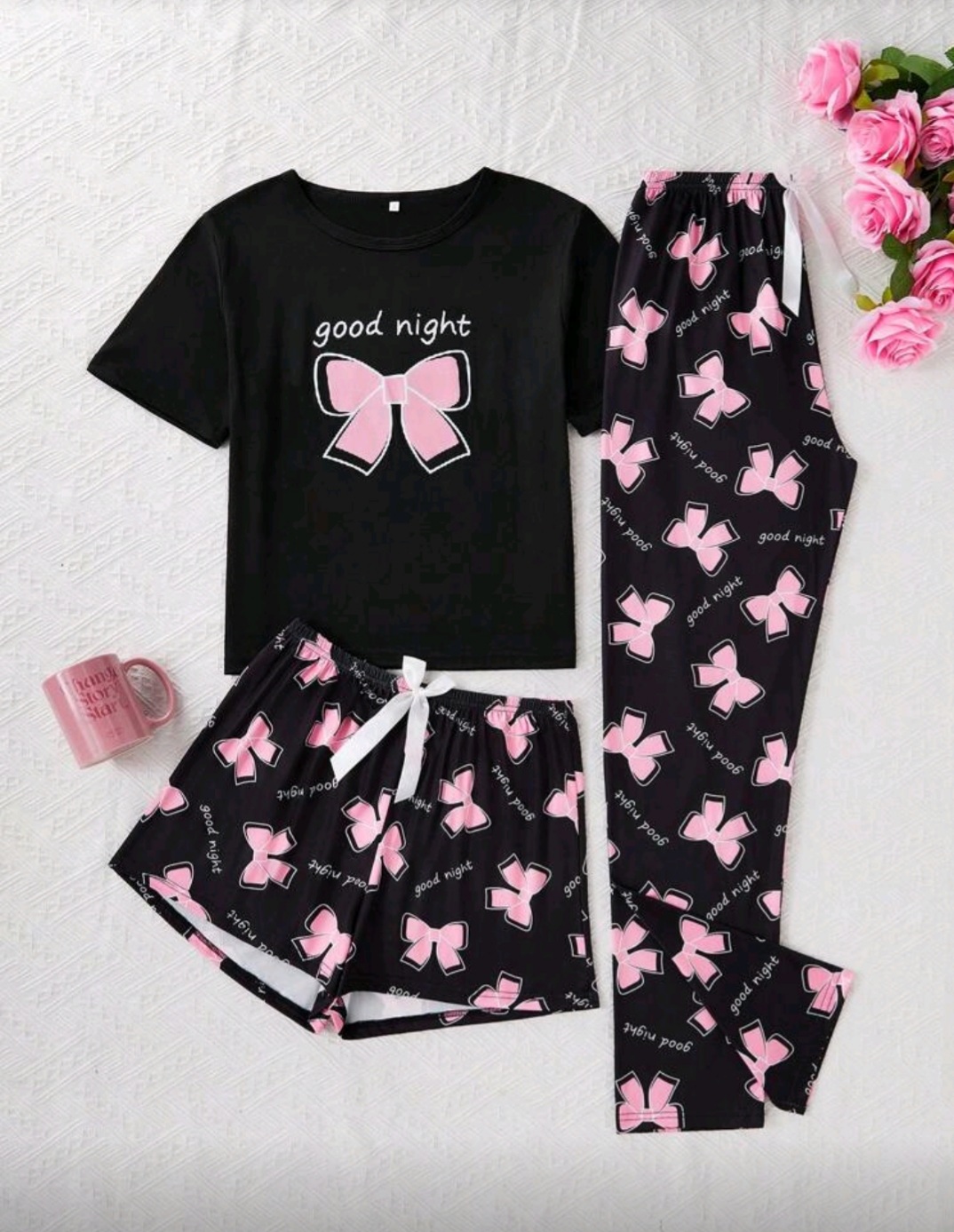 3pcs/Set Letter & Bow Print Pajama Set