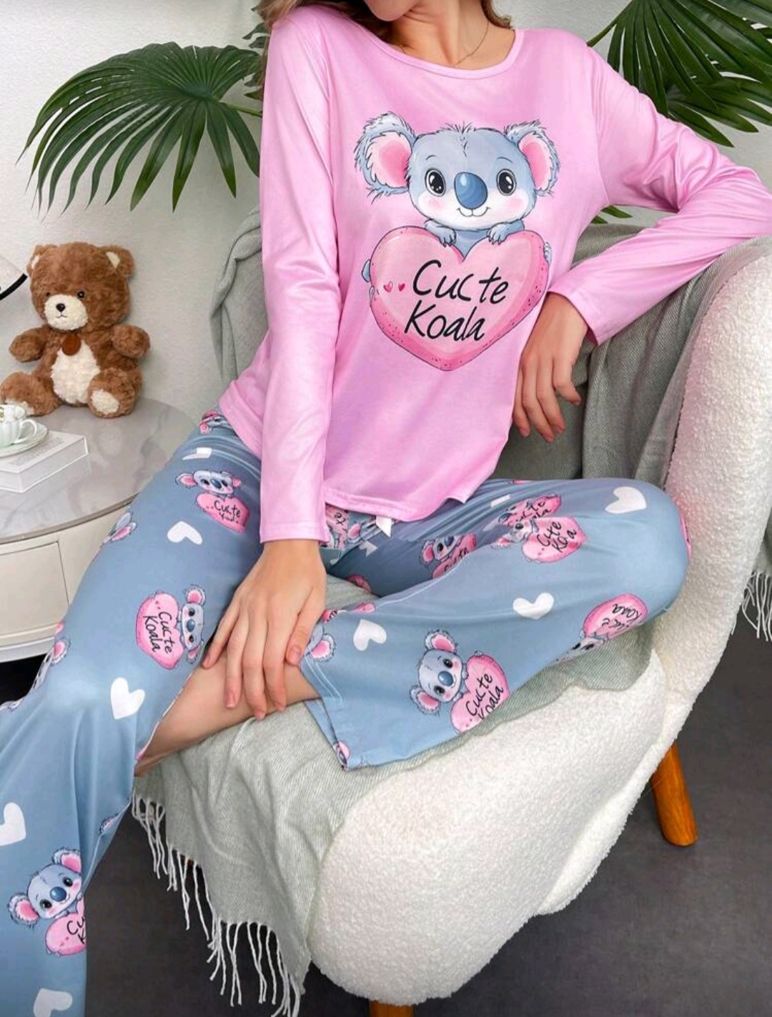  Koala Printed Long Sleeve Top & Long Pants Contrast Color Women Pajamas Set