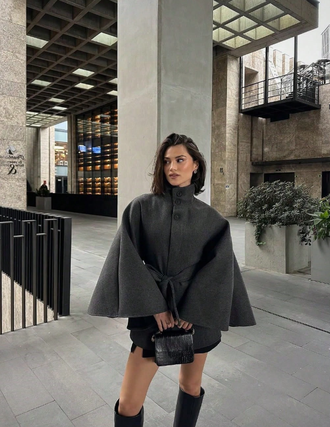 Women's Elegant High Collar Batwing Sleeve Waist Cinched Wool Blend Coat, Autumn/Winter Spring