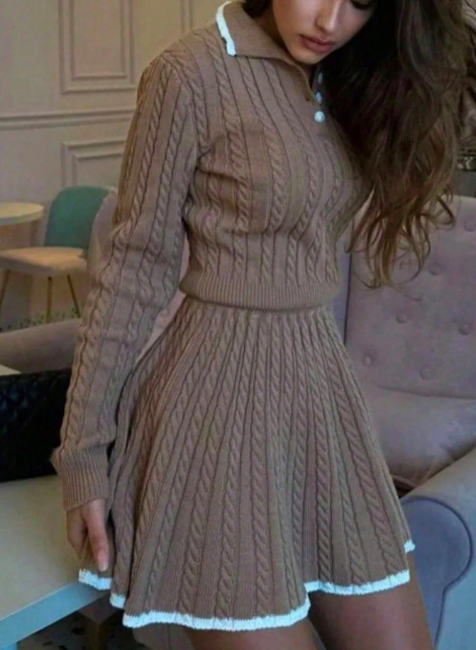 2pcs Women Elegant Chunky Knit Sweater And Skirt Set
