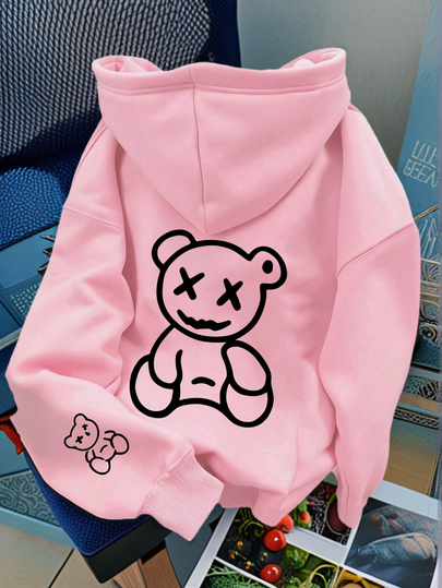 Casual Bear Print Drawstring Hoodie