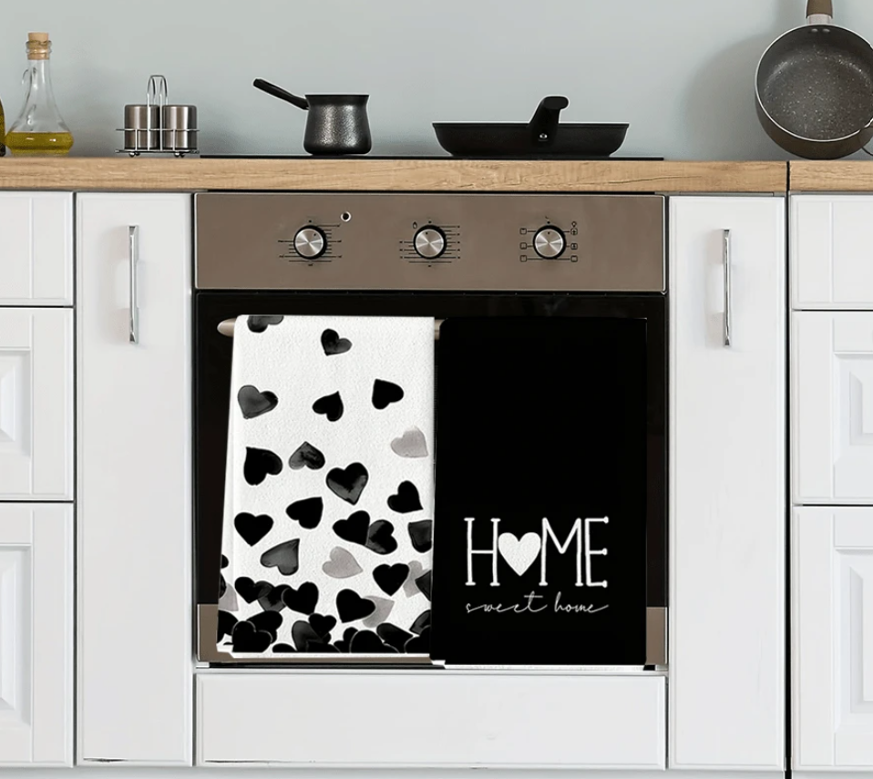 2pcs Black Heart Print Kitchen Dish Towels