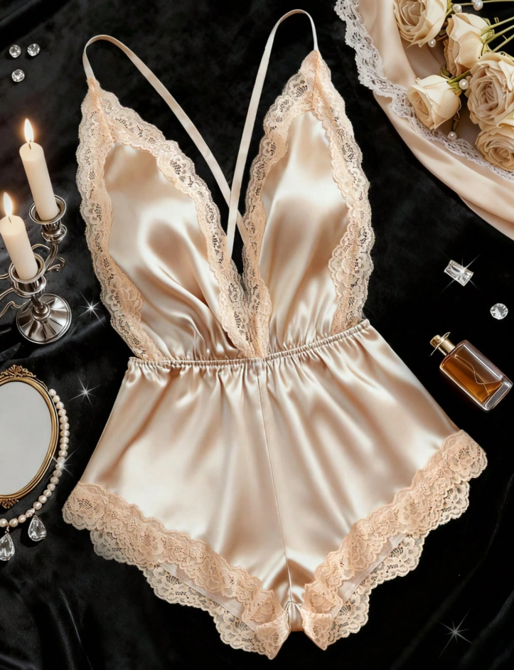 Lace & Satin Deep V-Neck Jumpsuit