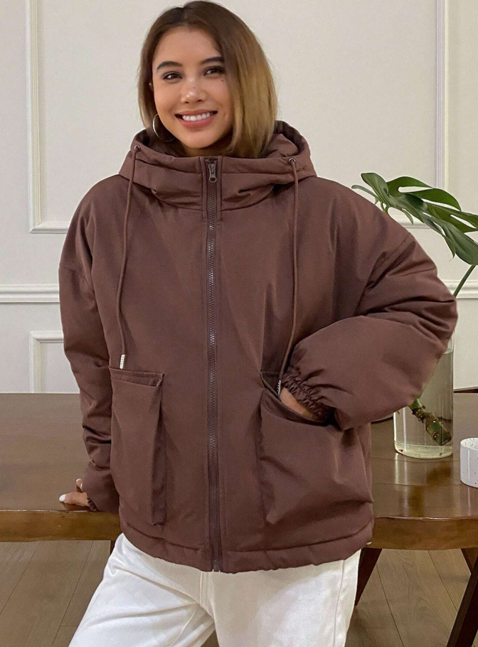 Solid Color Loose Hooded Long Sleeve Zipper Pocket Women's Padded Coat Jacket