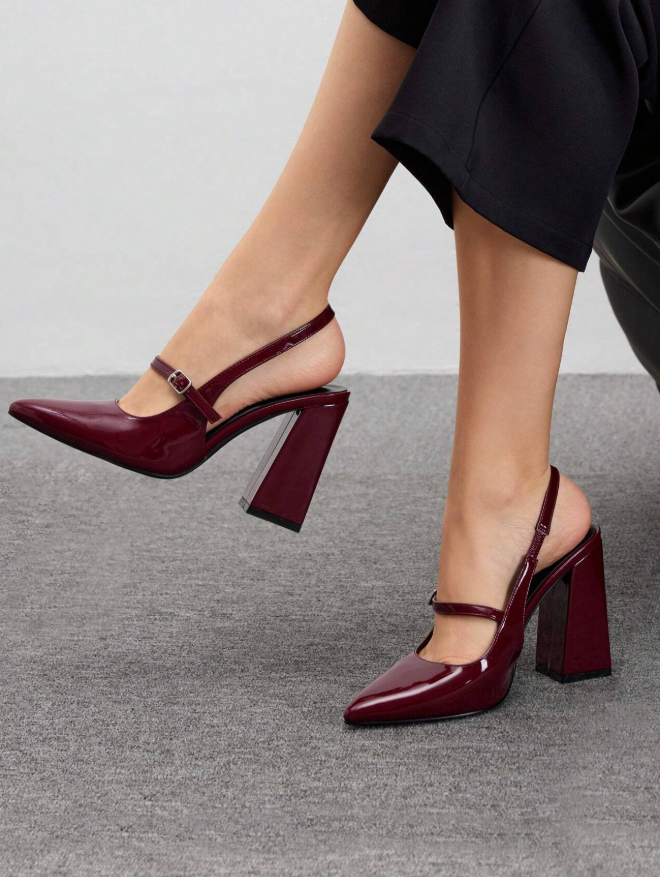 Women's Fashionable Wine Red Chunky Heel Pointed Toe Ankle Strap Shoes