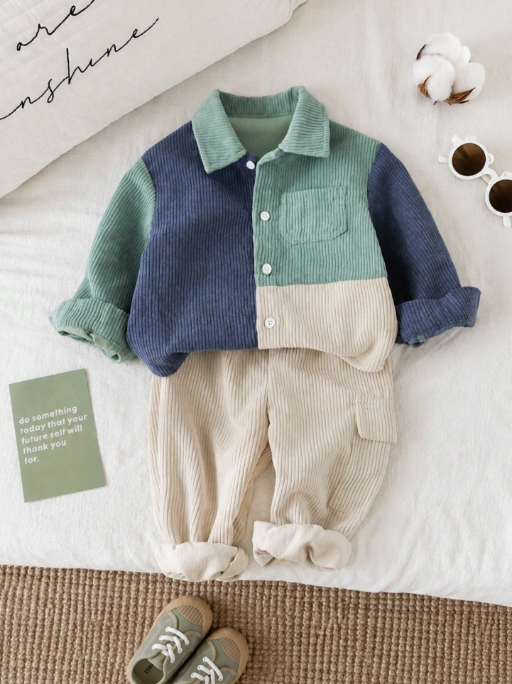 Baby Boy Corduroy Patchwork Jacket And Elastic Waist Long Pants Set