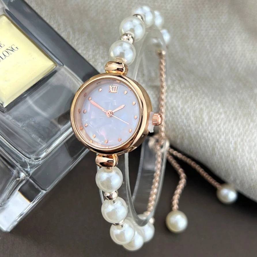 1pc Ladies' White Pearl Beaded Drawstring Alloy Rose Gold Watch 