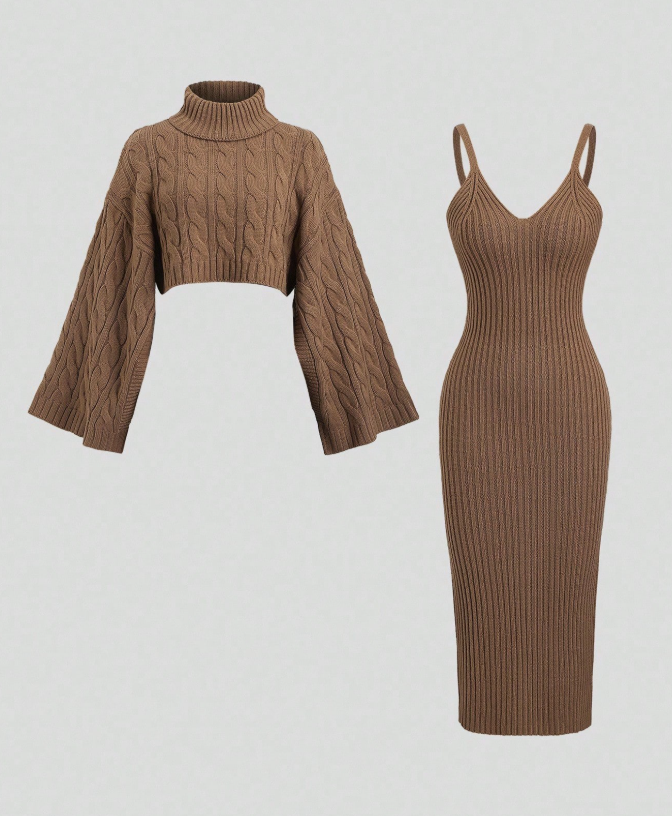 2pcs Women's Casual Cozy Knit Sweater Top And Long Skirt Set