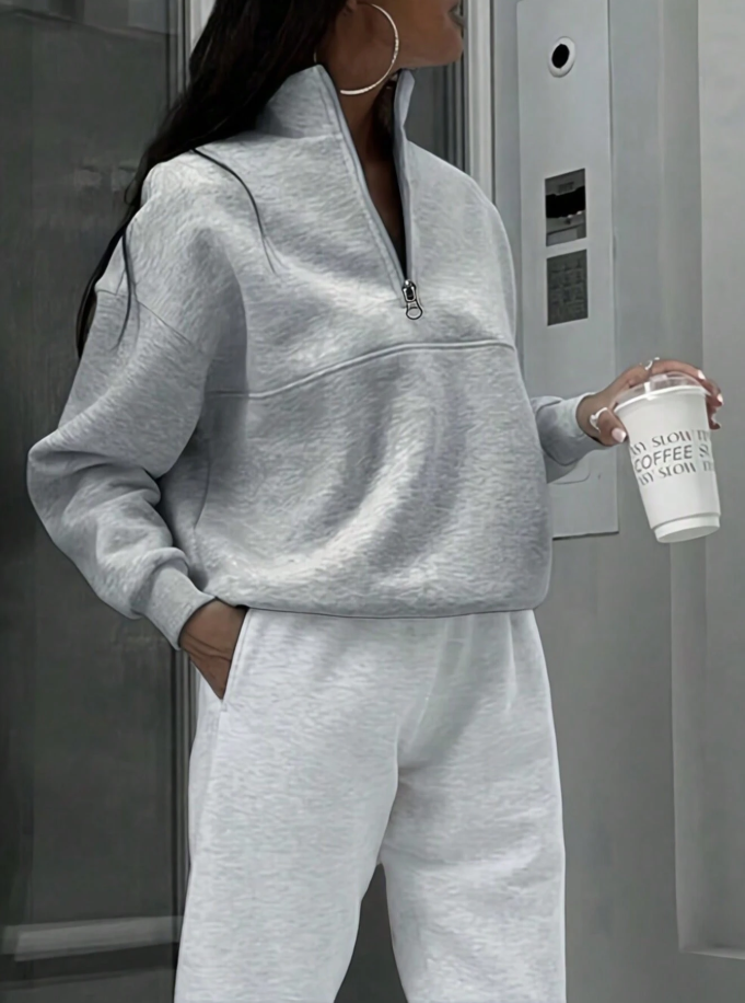 Women's Solid Color Zip-Up Long Sleeve Sweatshirt, Minimalist & Fashionable
