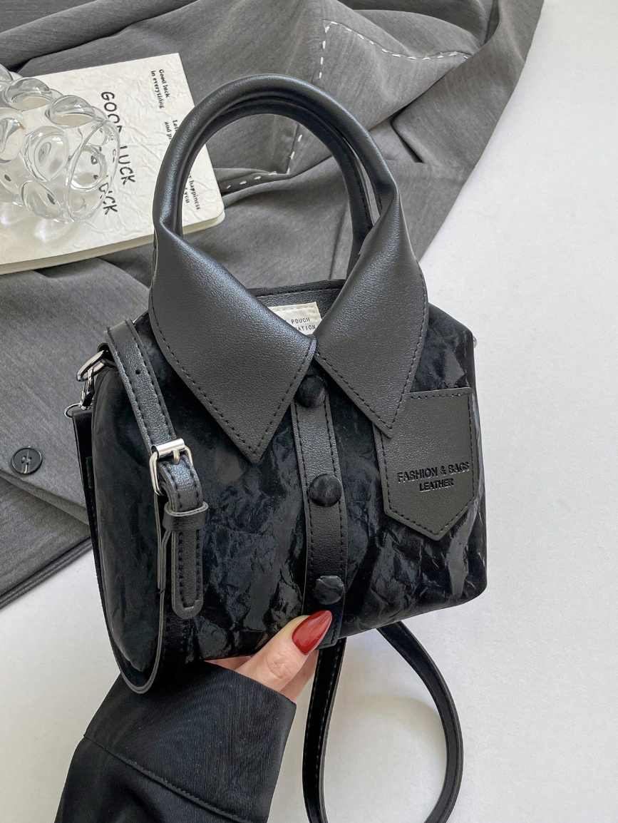 1pc Black Asymmetric PU Leather Handbag