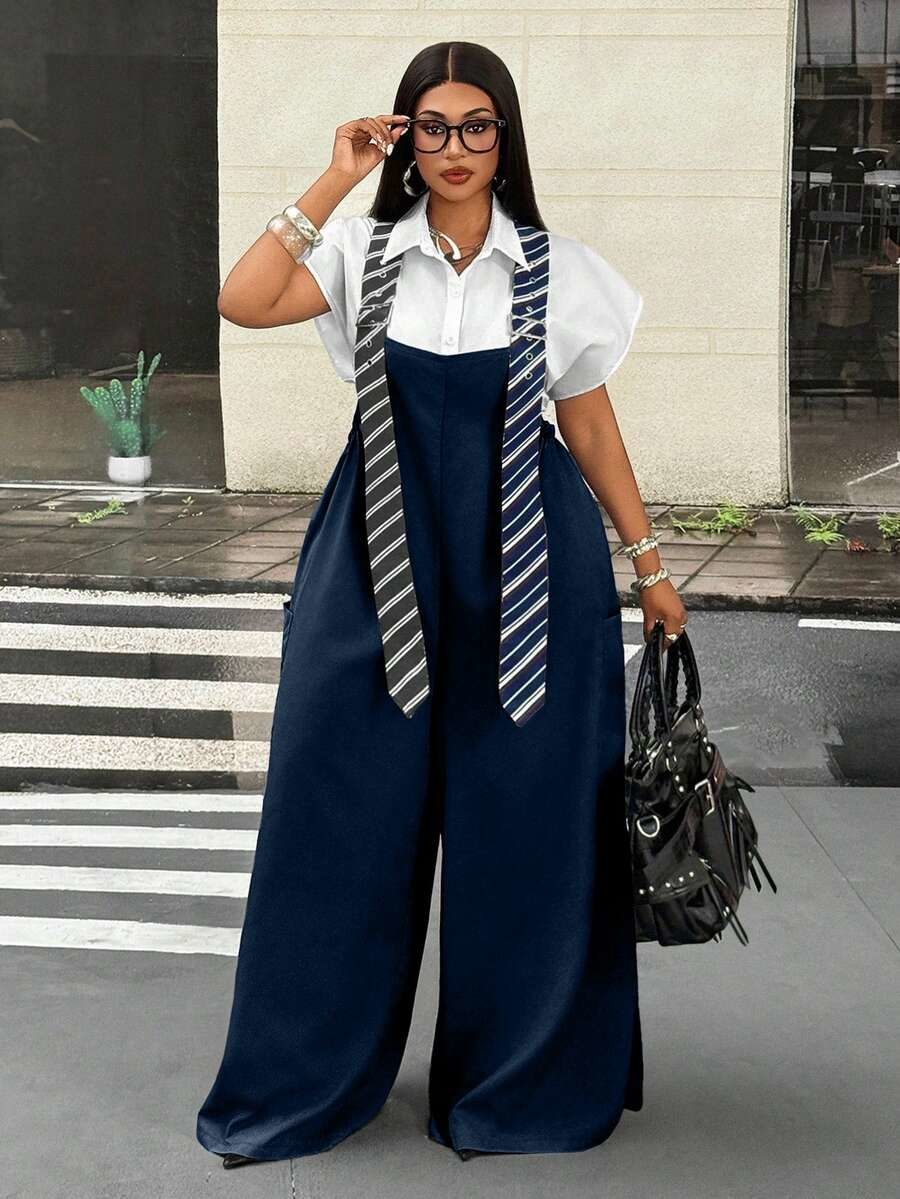 Plus Size Women's Striped Grommet Buckle 2 In 1 Wide Leg Jumpsuit Fall