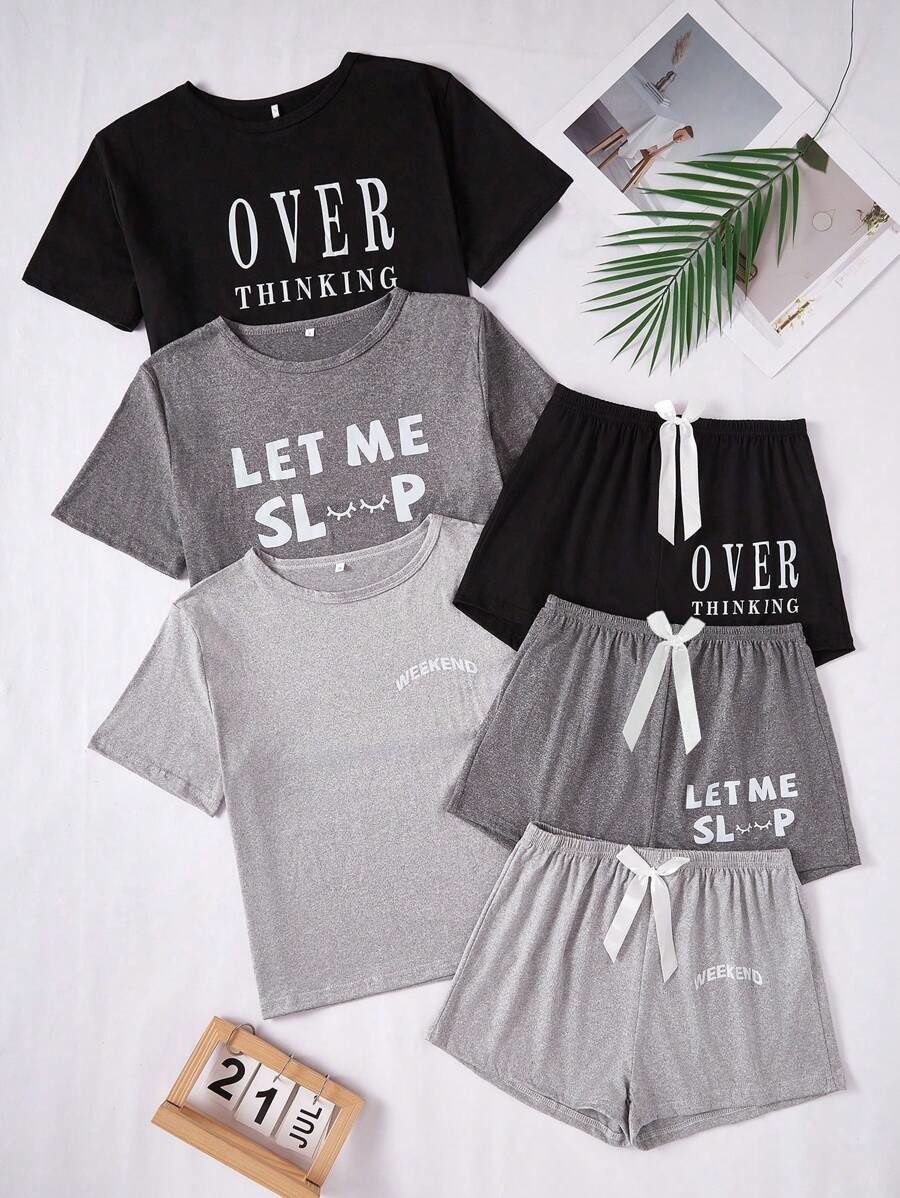 3pcs/Pajama Set Letter Print Casual Short Sleeve Hoodie And Shorts Outfit