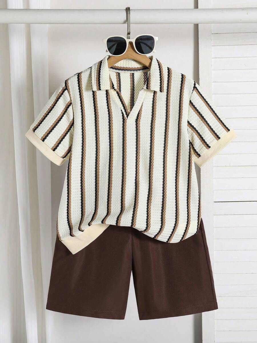 Tween Boy Striped Colorblock Short Sleeve T-Shirt And Shorts Casual Daily Set