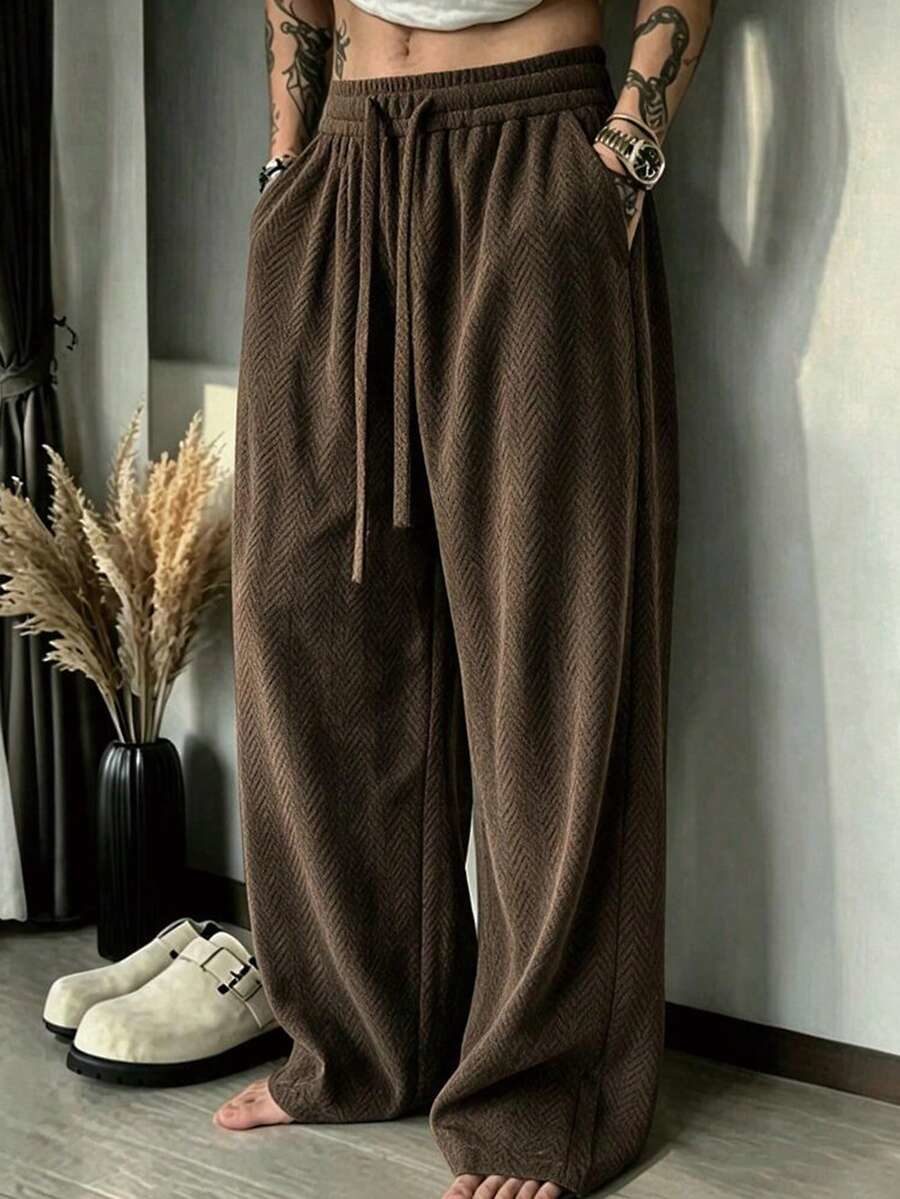 Jacquard Autumn Old Money Style Herringbone Textured Straight Leg Wide Leg Pants