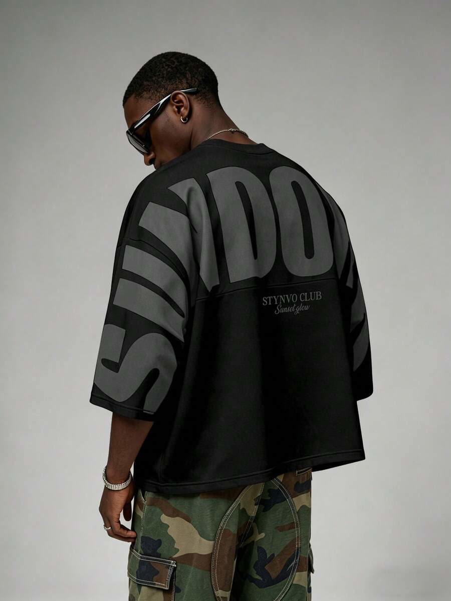 Men's Letter Print Round Neck Dropped Shoulder Casual Loose T-Shirt