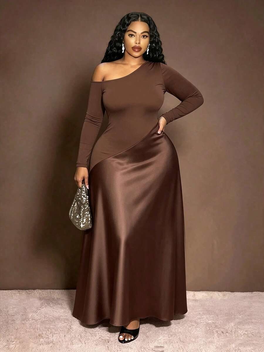 Plus Size Women's Brown Asymmetrical Neck Long Sleeve Fitted Midi Dress
