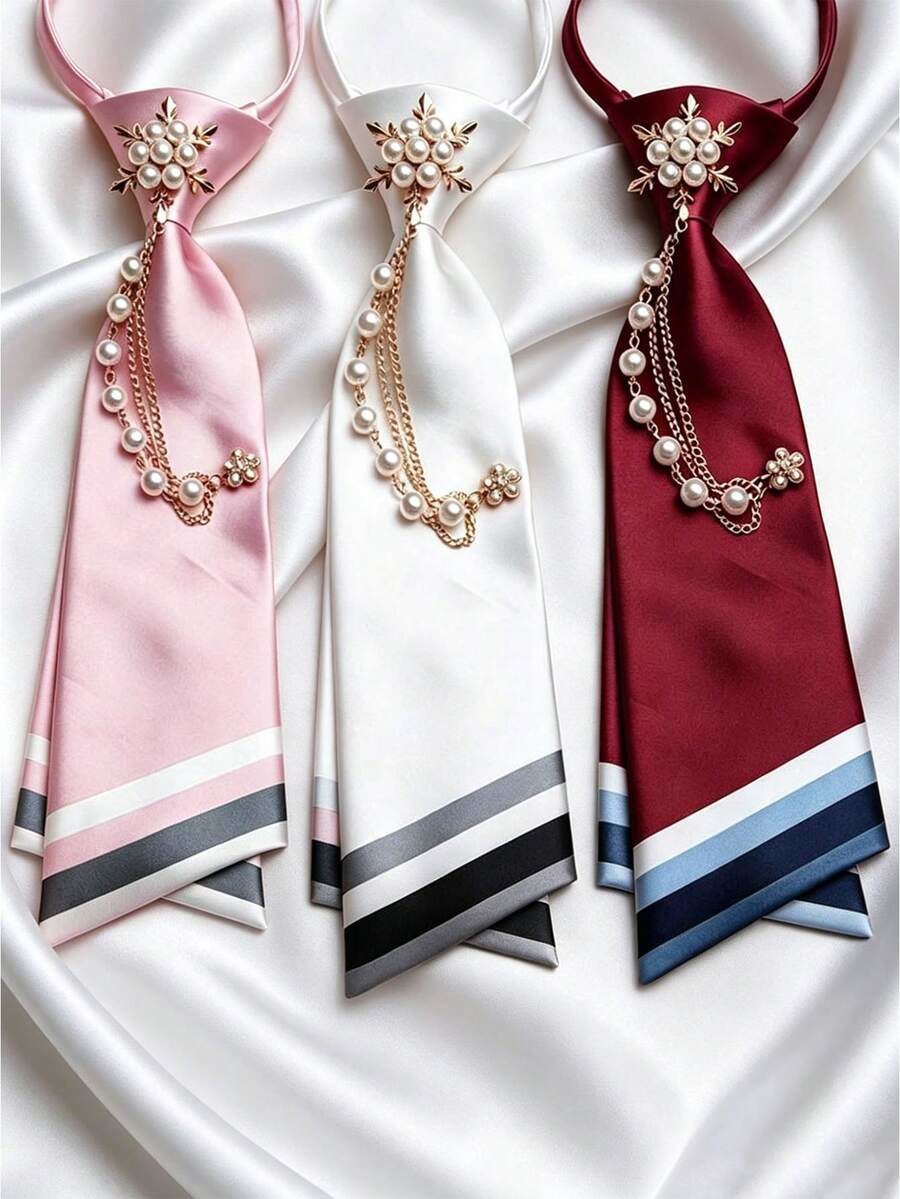 1pc Women's Fashion Luxury Faux Pearl Flower Shaped & Metal Chain Decor Tie