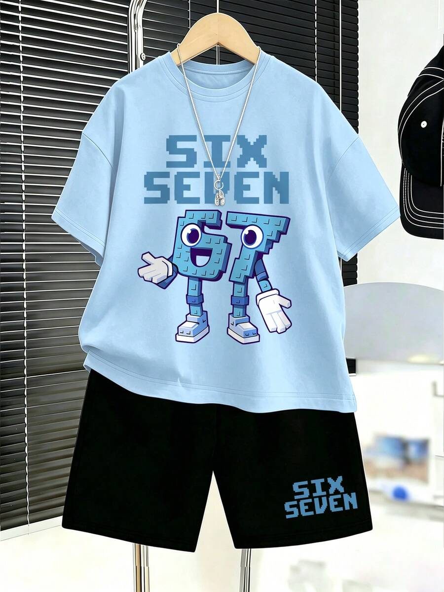 2pcs/Set Tween Boy Funny Number "67" Print Round Neck T-Shirt + Shorts Set