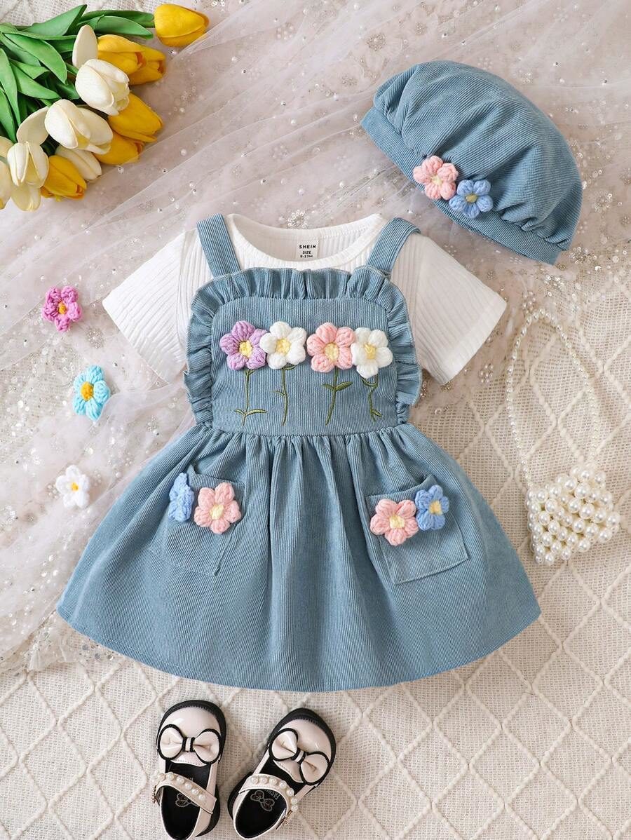 3pcs Baby Girls' Solid Ribbed Texture Short Sleeve T-Shirt And Corduroy Dress With 3d Flower Applique And Hat