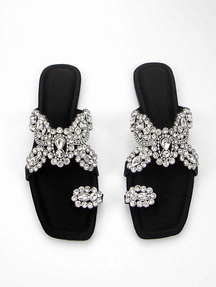 Women's Glamorous Style Rhinestone Flower Decoration Black Lycra Fabric