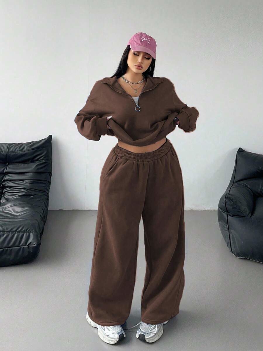 Plus Size Women Solid Color Long Sleeve Sweatshirt And Pants Casual Daily Set