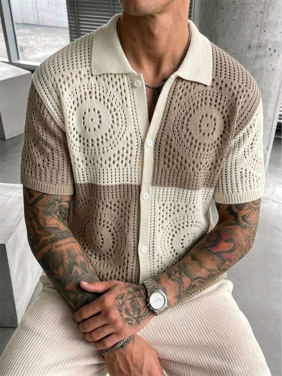 Men's Sleeve Single-Breasted Casual 90s 80s Tropical Breezy Hollow Knit Cardigan