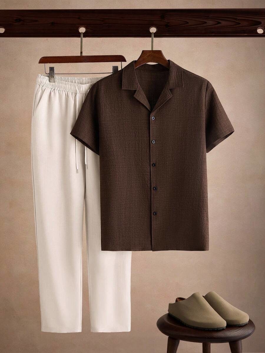 Men's Casual V-Neck Short Sleeve Woven Shirt & Pants Linen Set